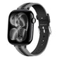 Black leather Apple Watch band with gray trim, contrast stitching, and silver buckle