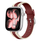Burgundy leather Apple Watch band with cream trim, contrast stitching, and silver buckle