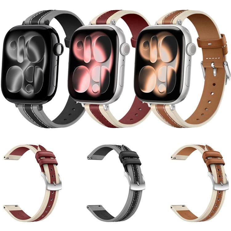 Leather watch bands in black, burgundy, and saddle brown with cream trim and stitching