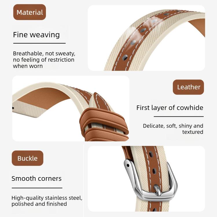 Saddle brown and cream leather watch band detail showing woven trim and stainless steel buckle