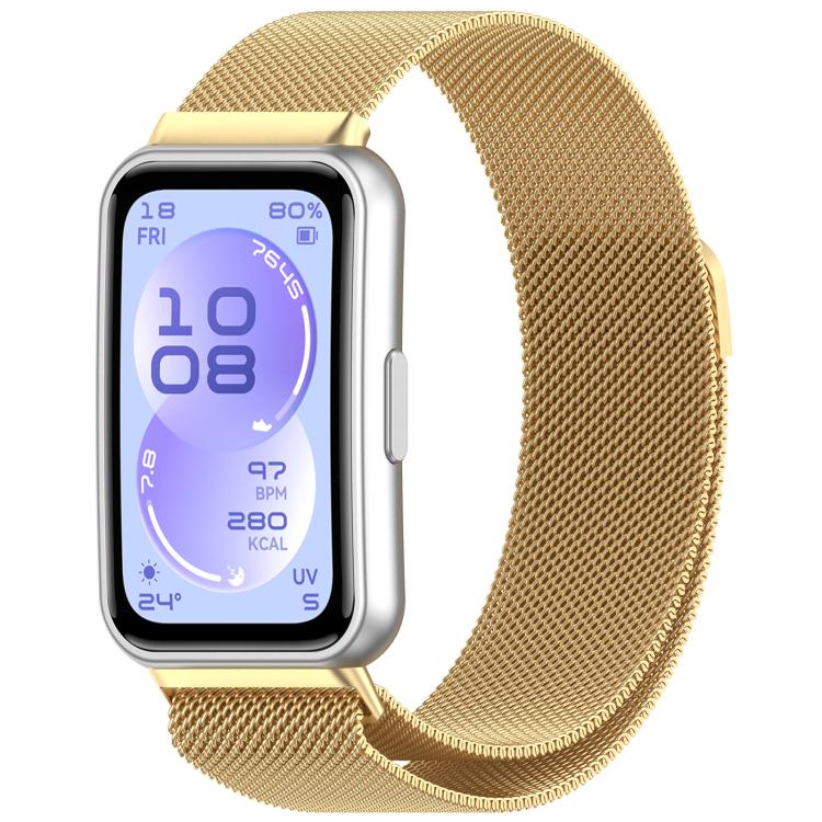 Gold metal mesh watch band shown on a smartwatch
