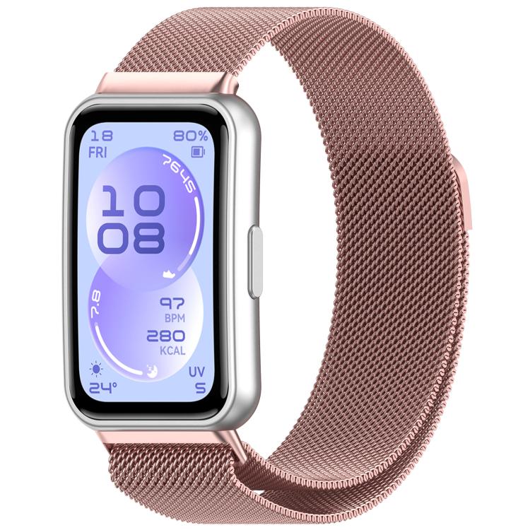 Rose gold metal mesh watch band shown on a smartwatch