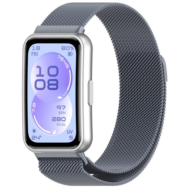 Milanese metal watch band in space gray, shown attached to a rectangular smartwatch.