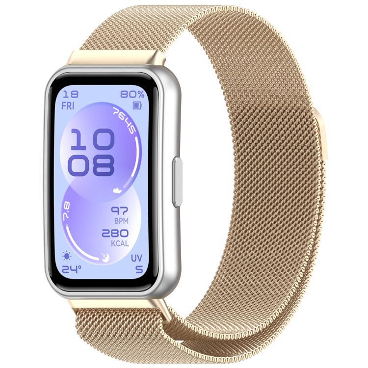 Milanese metal watch band in champagne gold, shown attached to a rectangular smartwatch.