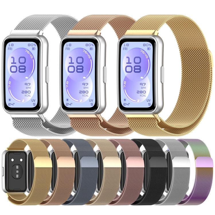Milanese metal watch bands in assorted colors, shown with smartwatch cases.