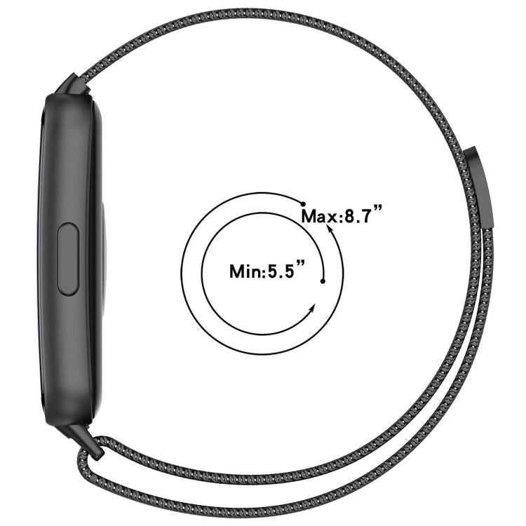 Black Milanese metal watch band shown from the side, with a 5.5–8.7 inch fit range.
