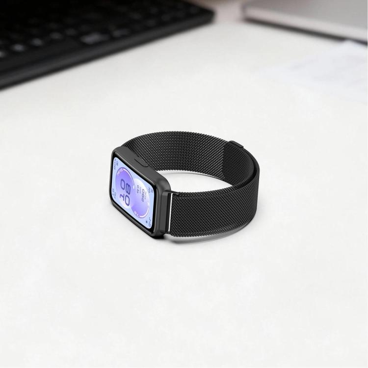 Black Milanese metal watch band attached to a rectangular smartwatch, shown fastened.