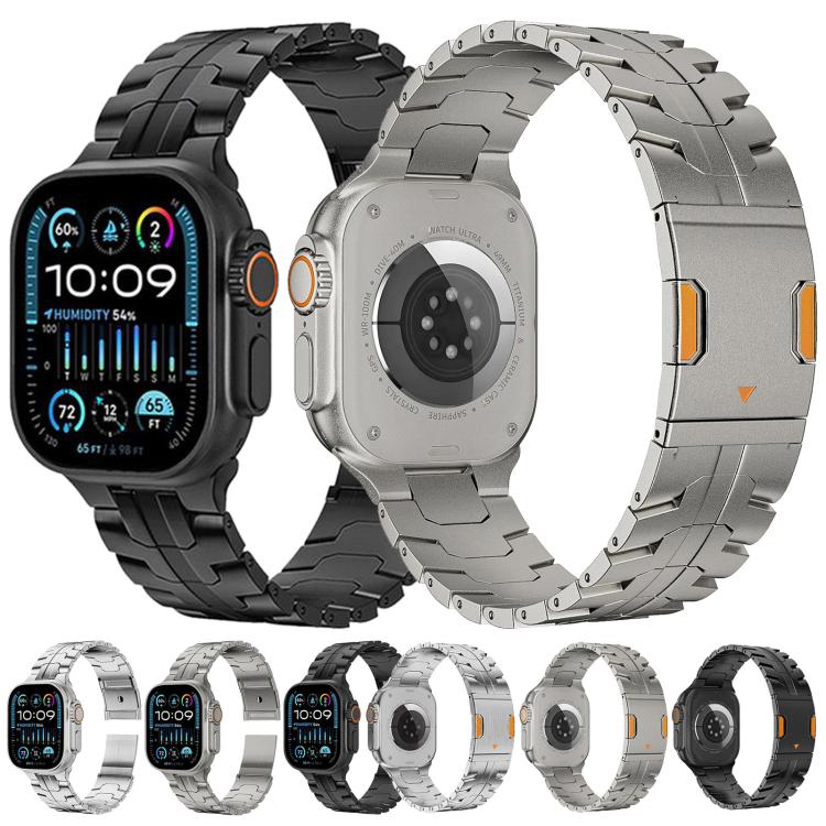 Black and silver metal watch bands shown on smartwatches, with linked bracelets and orange accents.