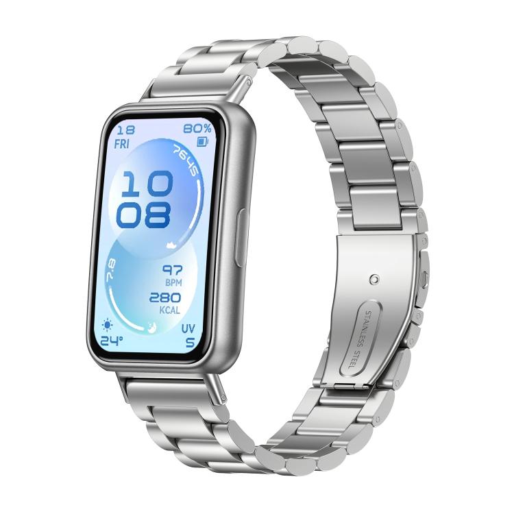 Silver three-bead stainless steel watch band shown attached to a Huawei Band 11-style watch.