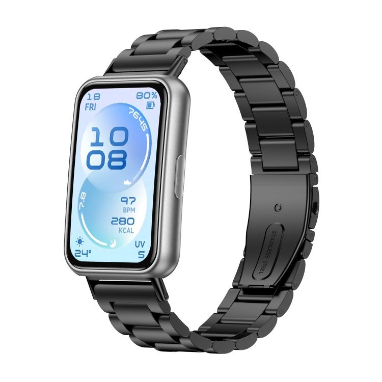 Black three-bead stainless steel watch band shown attached to a smartwatch.