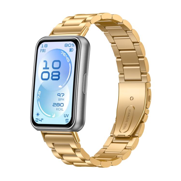 Gold three-bead stainless steel watch band displayed on a smartwatch.