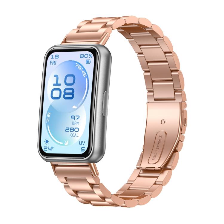 Rose gold three-bead stainless steel watch band displayed on a smartwatch.