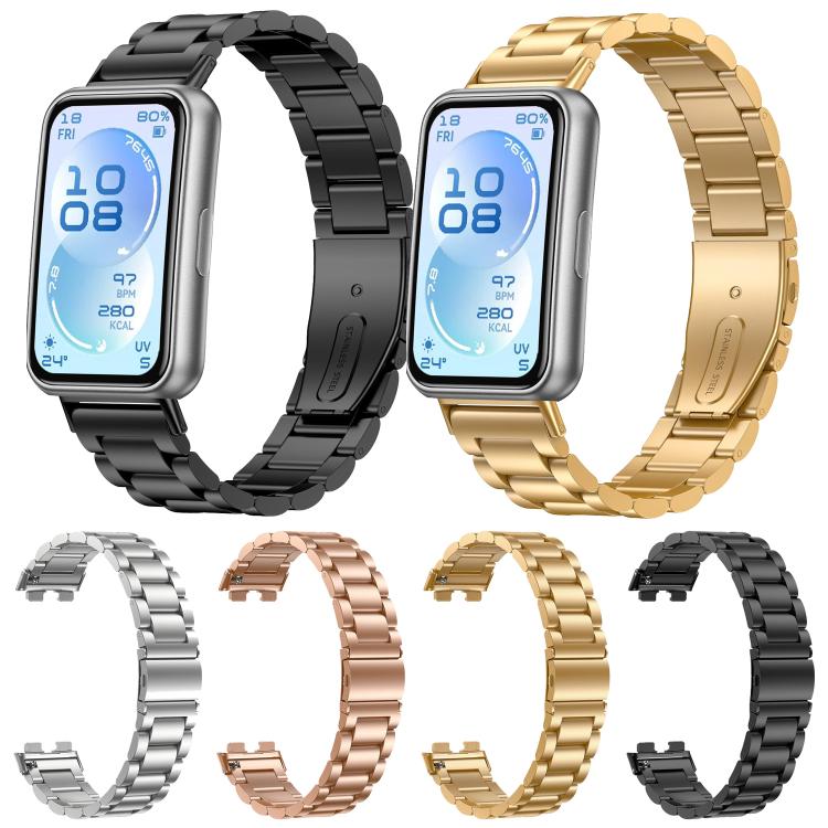 Three-bead stainless steel watch bands in black, gold, silver, and rose gold.
