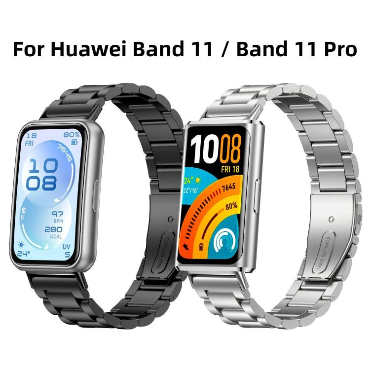 Black and silver stainless steel watch bands shown on compatible Huawei Band 11 and 11 Pro watches.