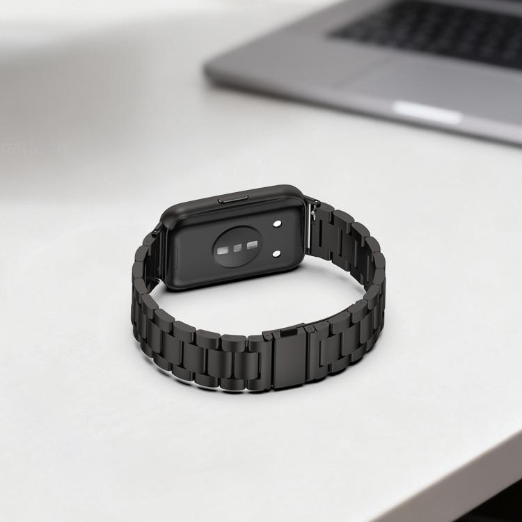 Black stainless steel three-link watch band fitted to a smartwatch, shown from the back.