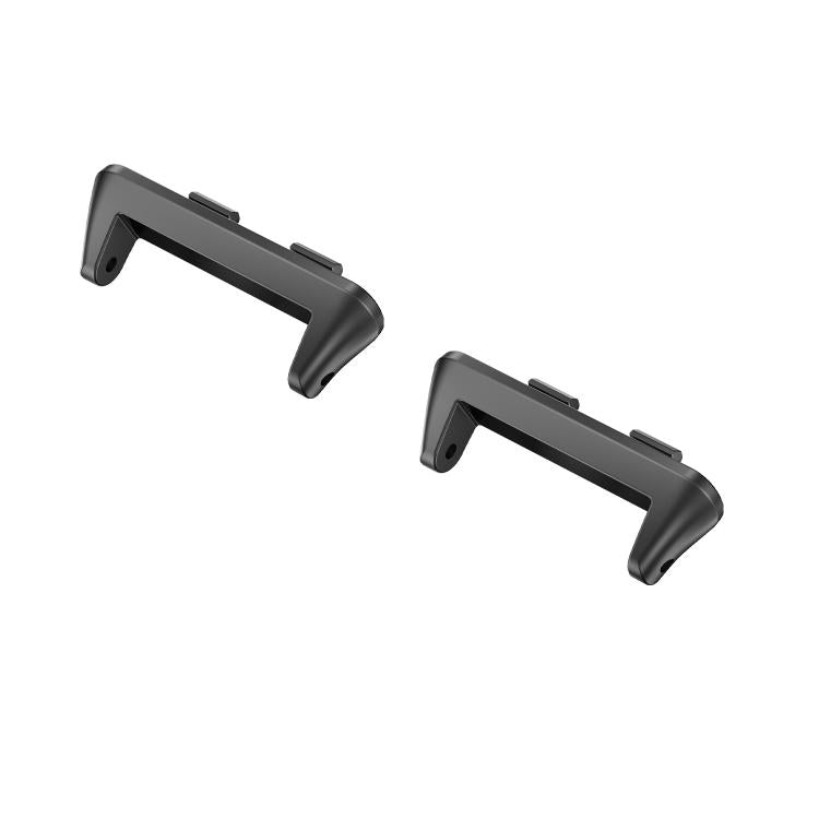 Pair of angled black metal watch band connectors, showing the attachment points