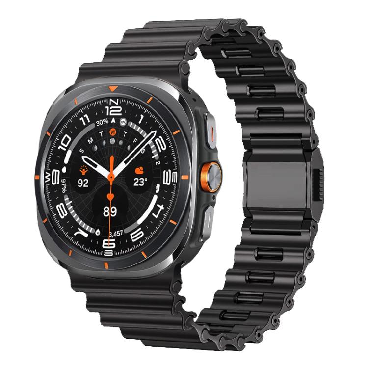 Black stainless steel watch band with wave-textured links and folding clasp, shown on a smartwatch
