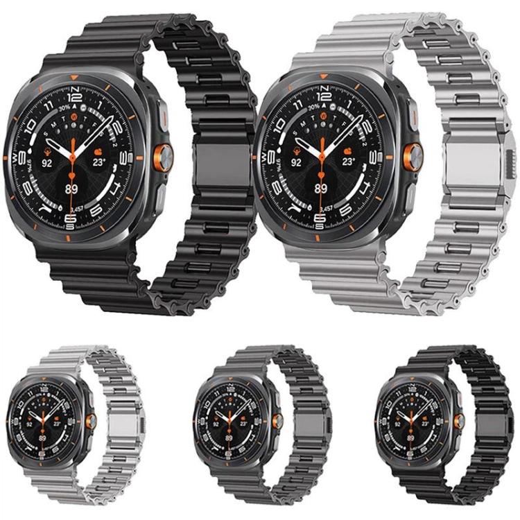Wave-textured stainless steel watch bands in black and silver, shown on smartwatches