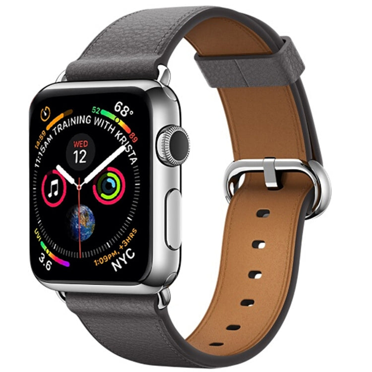 Gray leather watch band with silver buckle and tan underside for Apple Watch 42mm