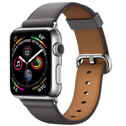 Gray leather watch band with silver buckle and tan underside for Apple Watch 42mm