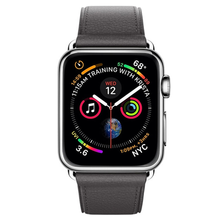 Gray leather watch band with silver buckle, textured grain, and pin holes