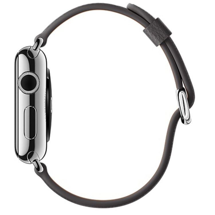 Black leather watch band with silver lugs and buckle, curved strap