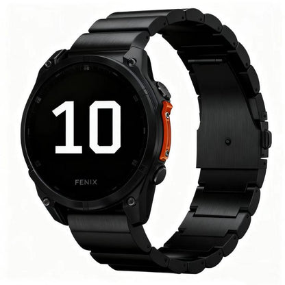 Black metal link watch band fitted to a Garmin watch, shown from the front