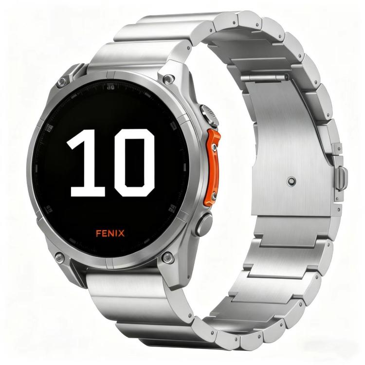 Silver metal link watch band fitted to a silver Garmin watch