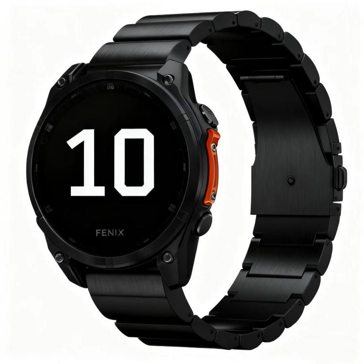 Black metal link watch band fitted to a black Garmin watch