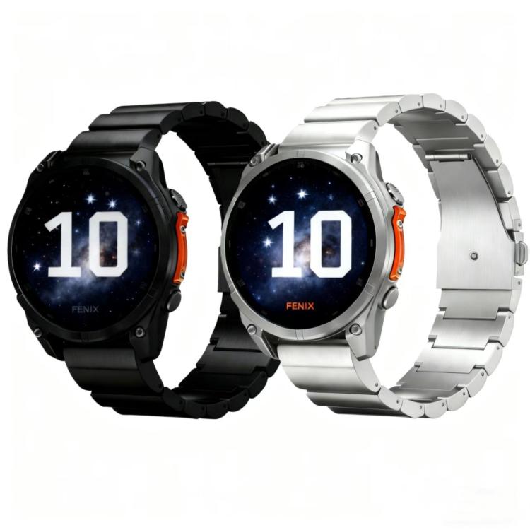 Black and silver metal link watch bands shown on Garmin watches