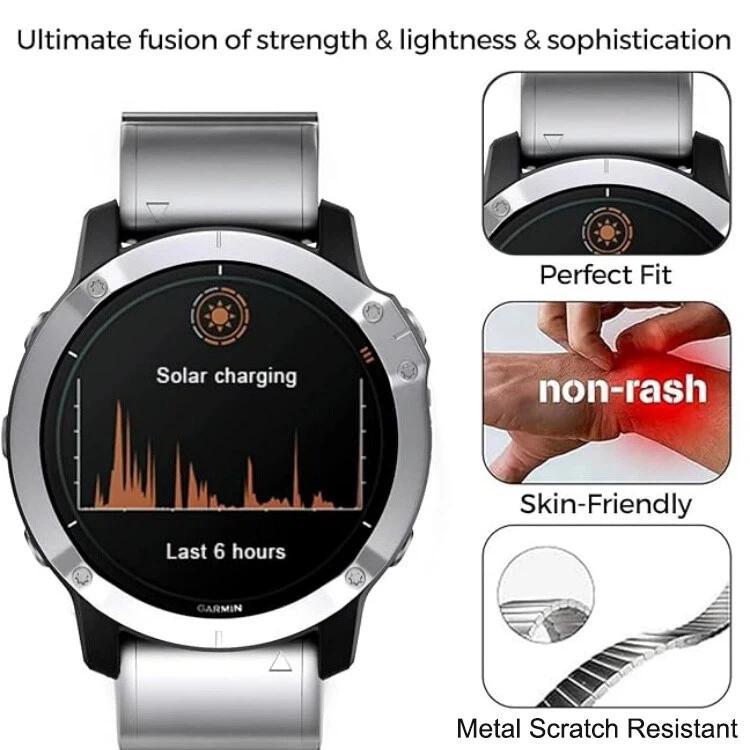 Silver metal link watch band attached to a Garmin watch, with close-ups of the fit and links