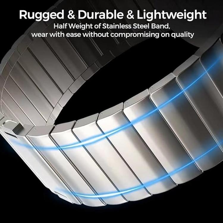 Close-up of the broad, brushed silver links on a metal watch band