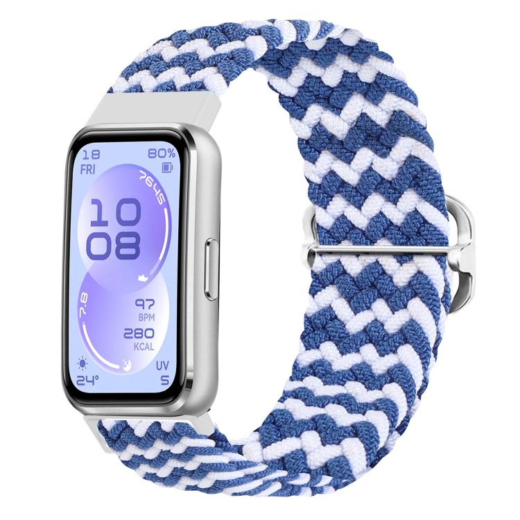 Blue and white woven nylon watch band with slide buckle