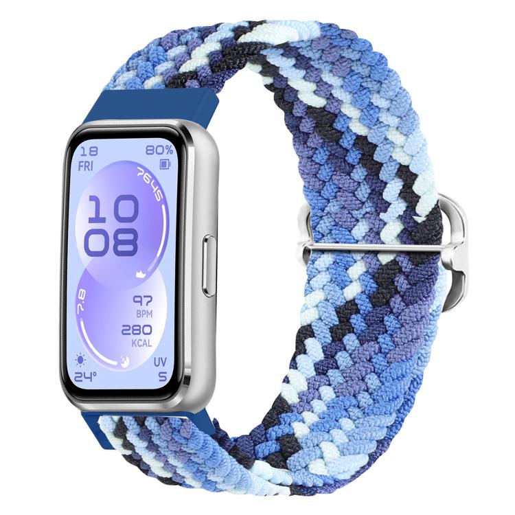Blue, white, and black woven nylon watch band with slide buckle