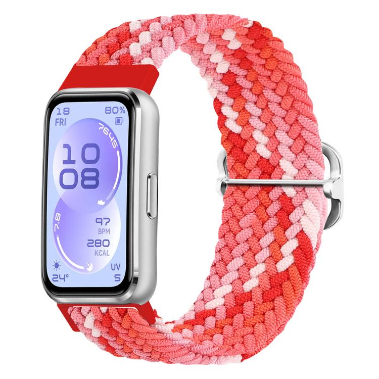 Red and pink woven nylon watch band with slide buckle