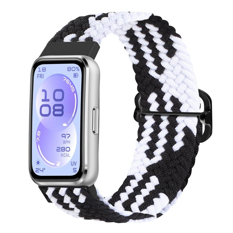 Black and white patterned woven watch band with black buckle