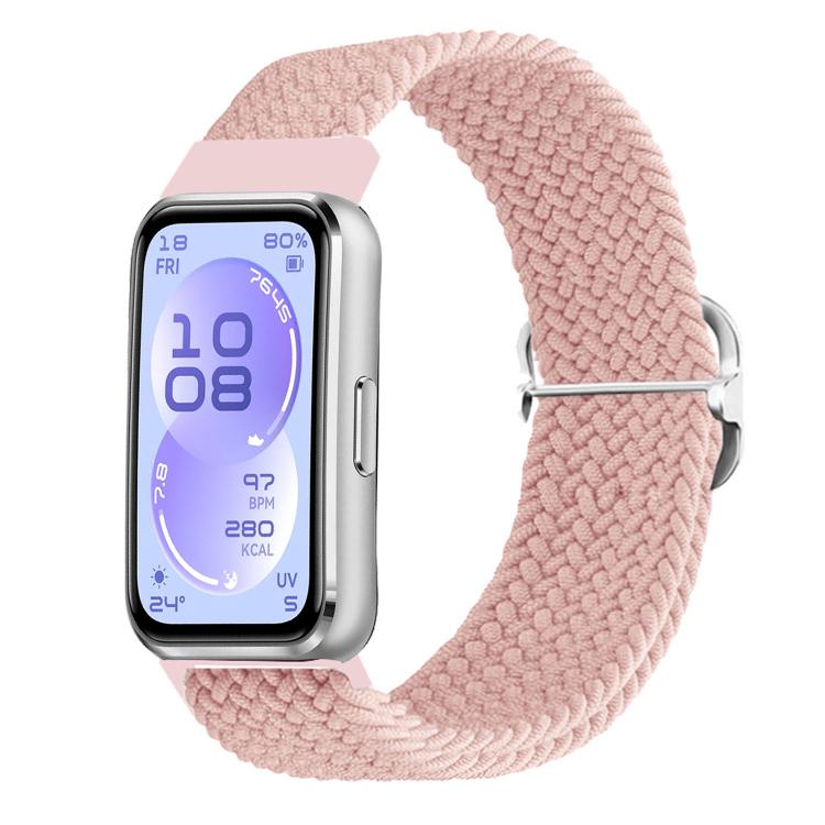 Pale pink woven nylon watch band with silver slide buckle and smartwatch