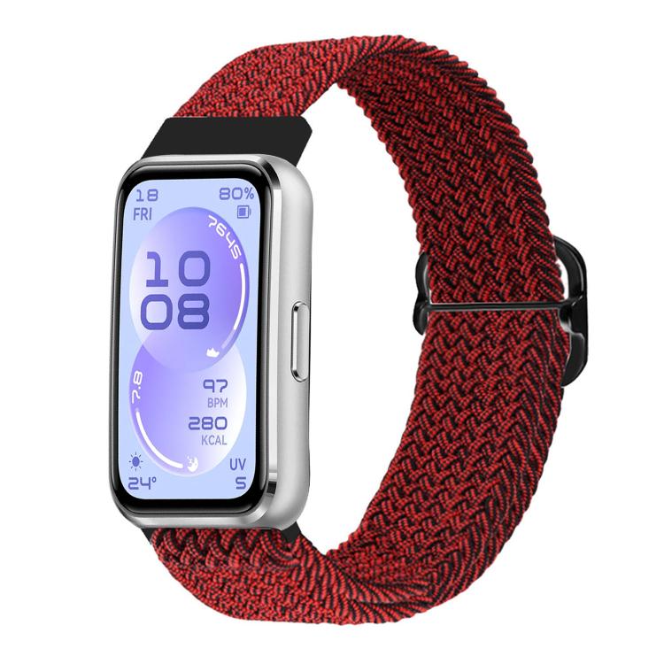 Red and black woven nylon watch band with black slide buckle