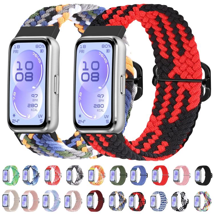 Two woven nylon watch bands, one multicolor and one red and black, with watches