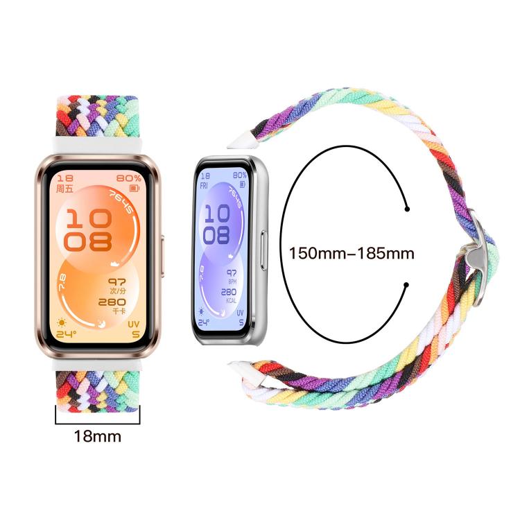 Multicolor woven nylon watch band shown with watch, 18 mm width and 150–185 mm fit