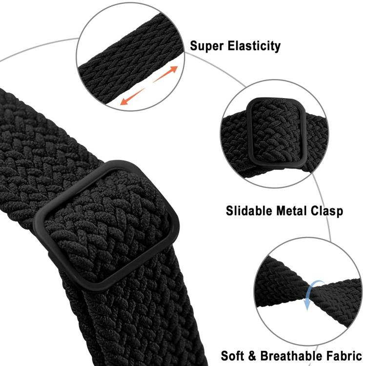 Black woven nylon watch band close-up showing stretch, slide buckle and braided fabric