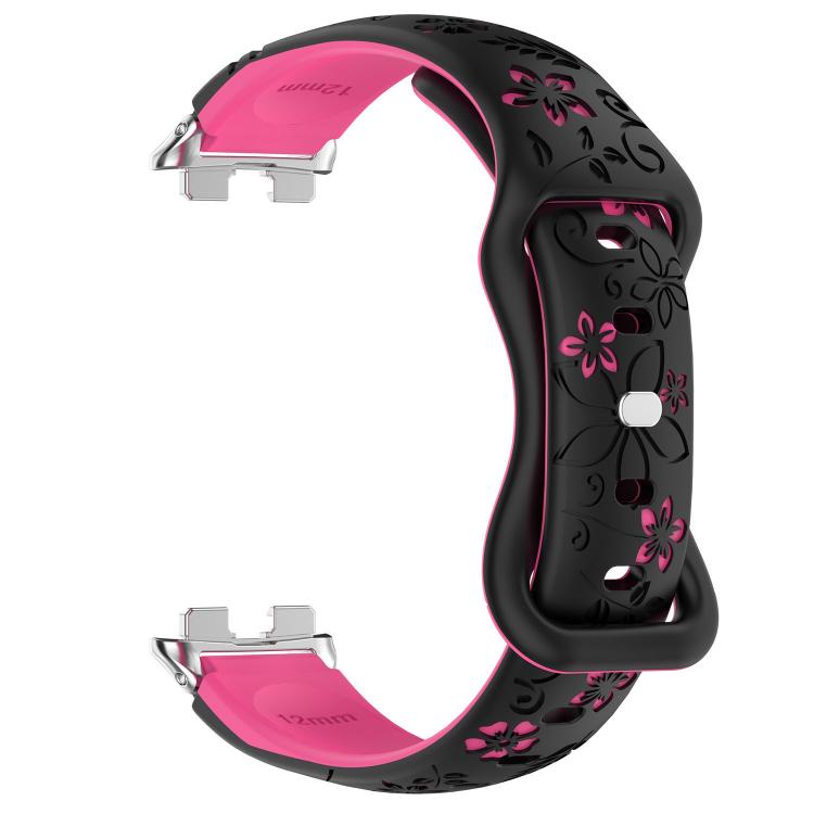 Black and hot pink floral cutout watch band with reverse buckle and exposed watch connectors