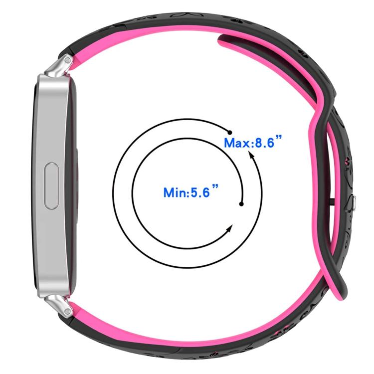 Black and pink two-tone floral watch band with a wrist size range of 5.6 to 8.6 inches