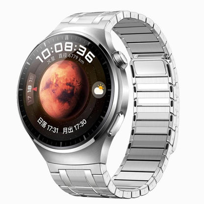 Silver stainless steel magnetic watch band attached to a round smartwatch
