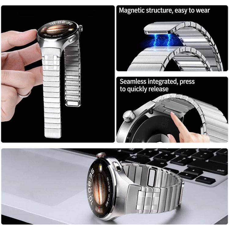 Silver stainless steel magnetic watch band shown in use and close-up clasp views