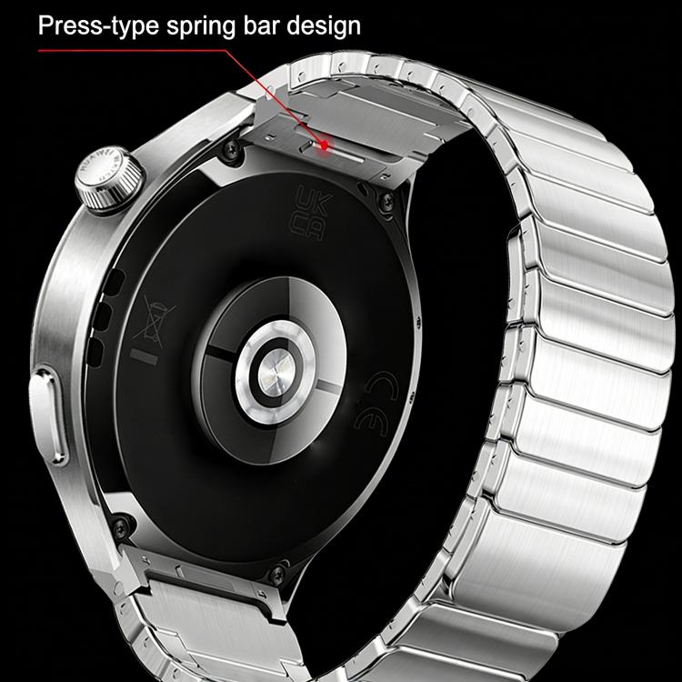 Silver stainless steel watch band attached to the back of a smartwatch