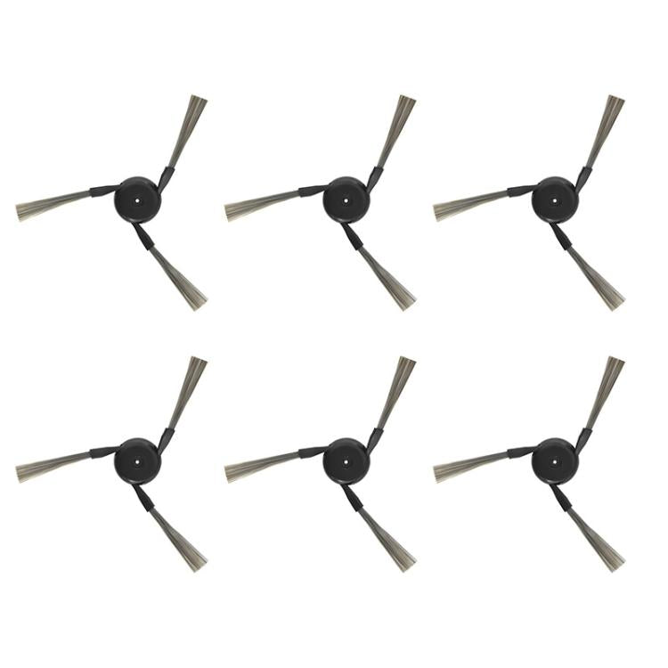 Set of 6 gray side brushes for robot vacuum, with black hub and angled bristles