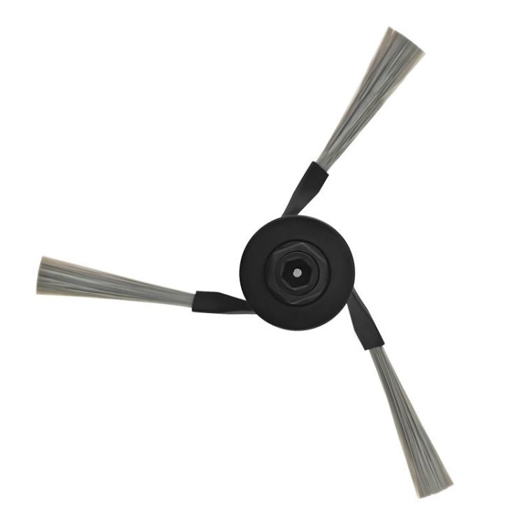 Robot vacuum side brush with black circular hub and three gray bristle arms