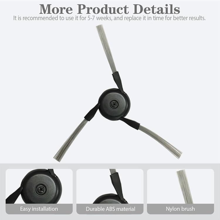 Robot vacuum side brush with black hub and three gray bristle arms