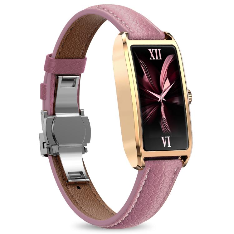 Dora T smartwatch with a pink leather strap, gold-tone case and black analog-style display.
